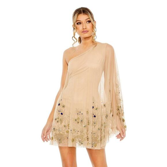 Mac Duggal Short Homecoming Floral One Shoulder Dress Nude Gold Size 4 NWT - Picture 1 of 11